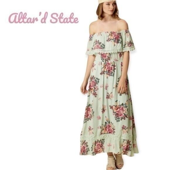 Altar’d State Pale Green Floral Lace Prairie Boho Cottage Maxi Dress NWOT Size S - Picture 1 of 12